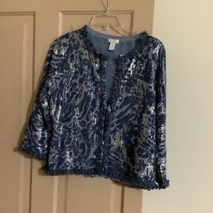 Chico’s 3/4 sleeve sweater. Silver on blue with short fringe trim. Size 1